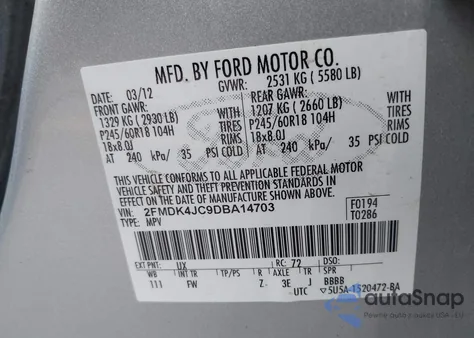 2013 Ford Edge Sel z USA, uszkodzony, nr VIN 2FMDK4JC9DBA14703
